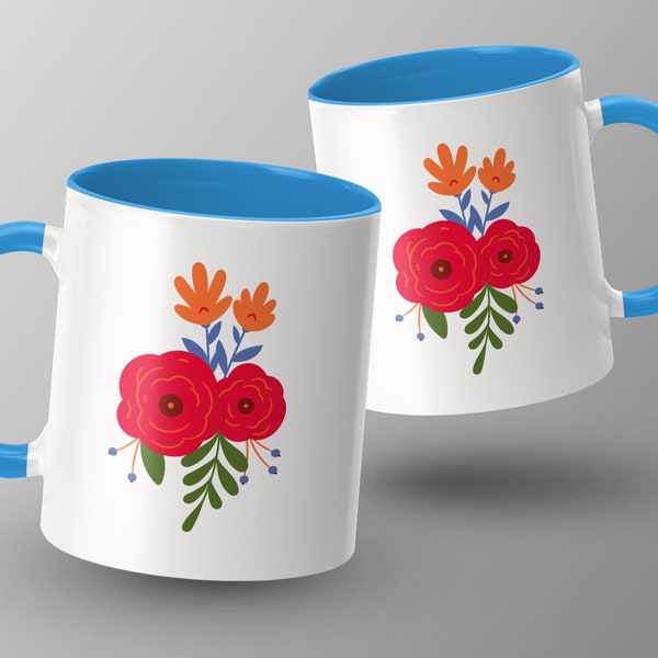 Colorful Floral Bouquet Mug, Bright Red and Orange Flowers Coffee Cup, Artistic Home Decor, Unique Gift for Plant Lovers