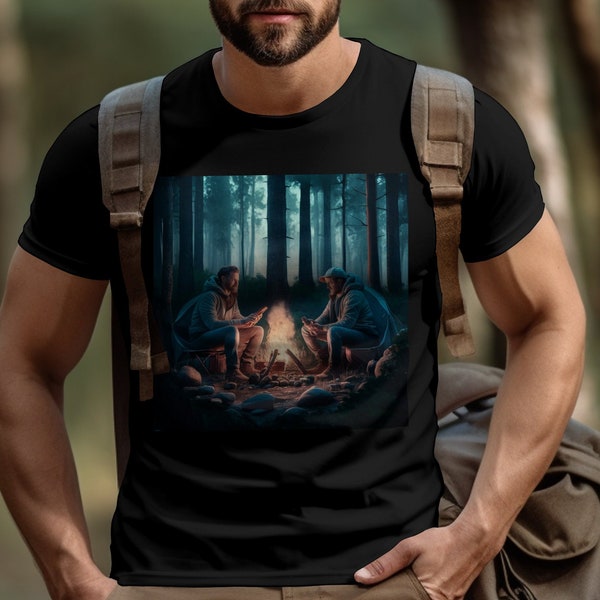 Men's Camping T-Shirt, Forest Night Campfire Scene, Outdoor Enthusiast Graphic Tee, Nature Lover Gift