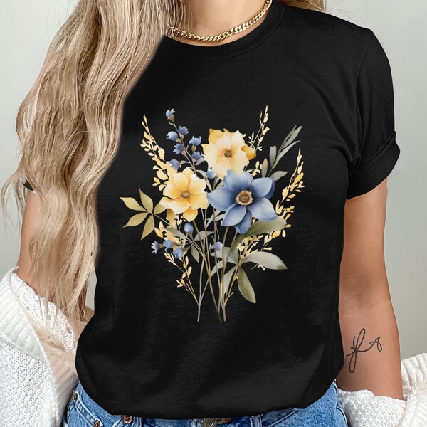 Floral T-Shirt, Yellow and Blue Flowers Print, Soft Pastel Botanical Tee, Women's Fashion Top, Spring Summer Casual Wear