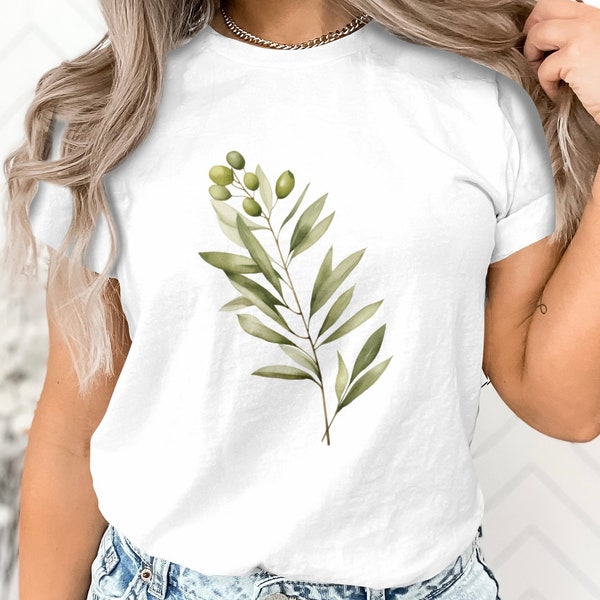 Olive Branch T-Shirt, Botanical Art Tee, Minimalist Plant Design Top, Nature Inspired Casual Wear
