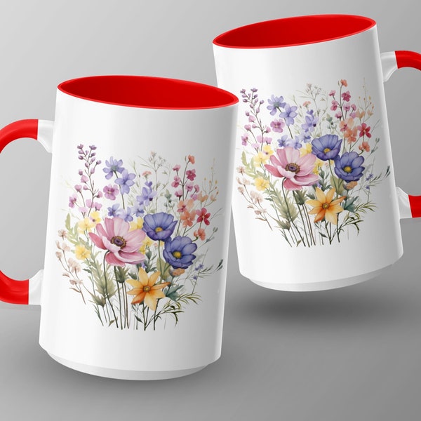 Floral Mug, Colorful Spring Wildflowers Print, Elegant Coffee Cup Gift, Botanical Art, Nature Lover