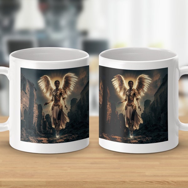 Angelic Warrior Coffee Mug, Fantasy Art Winged Angel in Ruins, Unique Gift Idea, Spiritual Decor