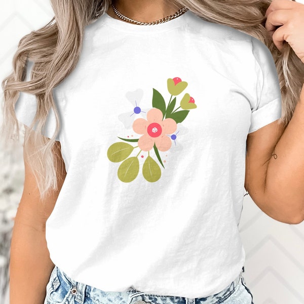 Floral Print T-Shirt, Pink Flowers and Leaves, Women's Casual Top, Soft Cotton Shirt, Cute Botanical Graphic Tee