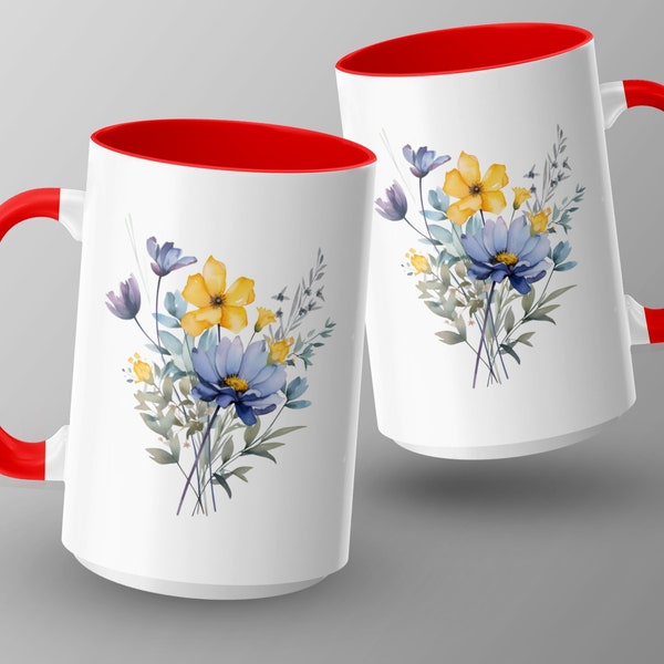 Floral Mug, Colorful Spring Flowers and Leaves, Elegant Coffee Cup Gift, Decorative Tea Mug Design, Garden Inspired Kitchenware