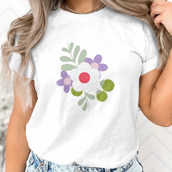 Floral Graphic T-Shirt, Colorful Spring Flowers Print, Casual Women's Fashion, Soft Cotton Top