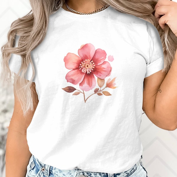 Elegant Floral T-Shirt, Soft Pink Watercolor Flower Print, Casual Women's Fashion Top, Artistic Spring Wear