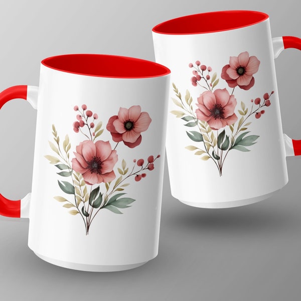 Floral Mug, Elegant Red Poppy Flowers with Green Leaves, Perfect Gift for Her, Coffee Tea Cup