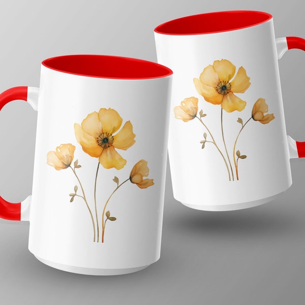 Elegant Floral Coffee Mug, Yellow Poppy Flower Print, Ceramic Mug for Garden Lovers, Spring Kitchen Decor