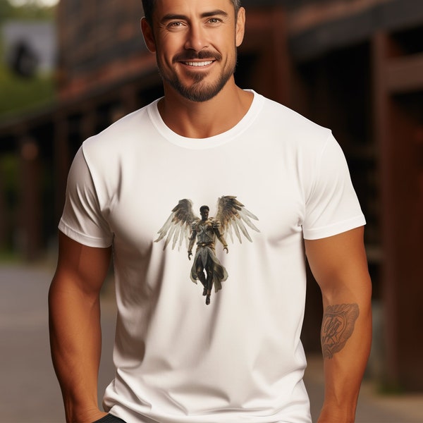 Angel Warrior Graphic T-Shirt for Men, Mythical Character Art Tee, Fantasy Design Casual Wear