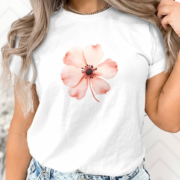 Watercolor Peach Flower T-Shirt, Feminine Floral Art Tee, Soft Pastel Botanical Print Shirt