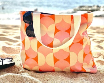 Mod beach bag, canvas shoulder bag, pink and orange oversized tote, travel bag gift for her