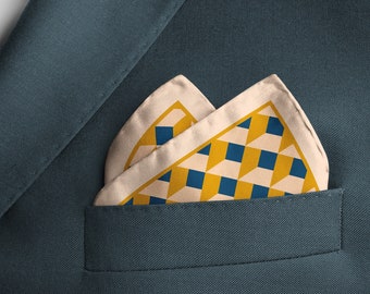 Geometric Silk Pocket Square, Blue & Yellow Cubes, Men's Bandana