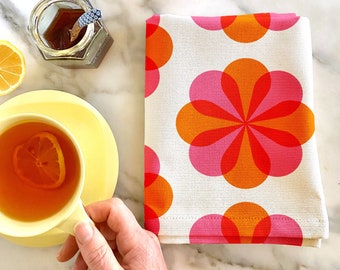 Retro tea towel, organic cotton. Mod kitchen, colorful housewarming gift