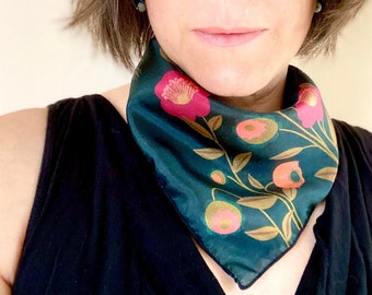 Silk scarf with navy blue art nouveau floral print, silk hair scarf, elegant silk scarf, silk bandana, neckerchief, silk ponytail scarf