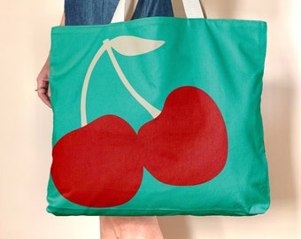 Cherry tote bag, oversized canvas bag, retro cherries oversized tote bag, teal and red beach bags, travel gift, fruit bag