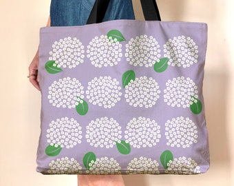 Oversized floral canvas bag, purple floral tote, hydrangea print beach bag, lavender flower shoulder bag