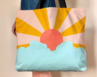 Retro sunset tote, oversized canvas tote bag, sun and clouds sky beach bag, large boho canvas bag, 1970s style sunset bag