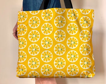 Lemon handbag, yellow oversized canvas bag.  Fruit print beach bag, fully lined vegan travel bag