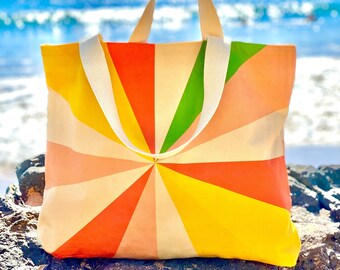 Geometric Retro Rays Beach Tote Bag, Colorful Cotton Canvas