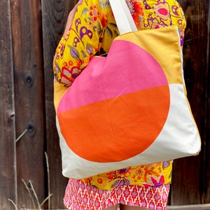 Oversized retro canvas bag. Orange and pink mid century modern shoulder bag. Large colorful beach bag gift for her.