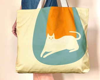 Cat Tote Bag, oversized canvas bag, organic retro design with white cat, cat beach bag, large canvas tote,