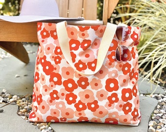 Floral Canvas Beach Bag, Large Lined Cotton Tote