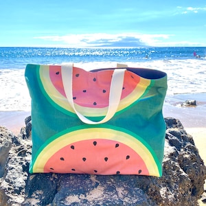 Watermelon beach bag, large canvas colorful shoulder bag, oversized tote, fun handbag gift for her