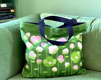 Floral Canvas Tote Bag, 70s Retro Style Shoulder Bag