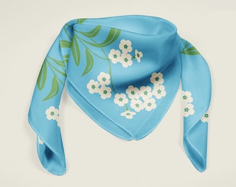 Floral scarf 100% silk, blue flower silk neckerchief. Forget me not, colorful print square neck scarf. Hair scarf anniversary gift for her.