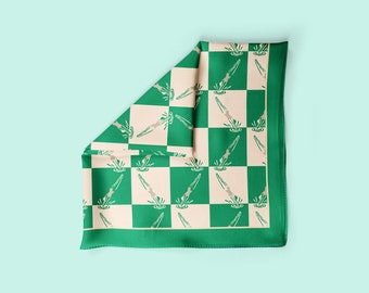 Green checkered silk scarf, 100% silk neckerchief, vintage diver design, diver scarf, swimmer gift, retro lovers, pin-up girl