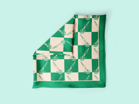 Green checkered silk scarf, 100% silk neckerchief, vintage diver design, diver scarf, swimmer gift, retro lovers, pin-up girl