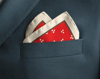 Red silk pocket square, men's red handkerchief with white detail for suit jacket