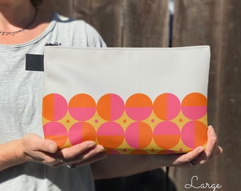 Women's toiletry bag, colorful makeup bag, pink and orange. Geometric print pouch, retro gift for her