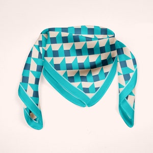 Geometric blue silk scarf, modern neckerchief, blue silk bandana, geometric silk headband, colorful square silk scarf gift for mom, 16" x 16"