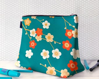 Japanese floral makeup bag, a blue canvas toiletry bag gift for her. Large cosmetic bag for her.