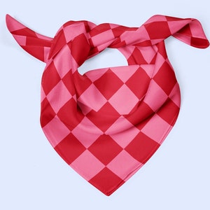 Checker scarf, pink and red silk neckerchief, gift for her