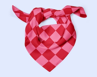 Checker scarf, pink and red silk neckerchief, gift for her