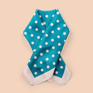 Blue polka dot scarf, a silk neckerchief or square ponytail scarf with classic blue and white polka dots, 100% silk bandana, gift for mom