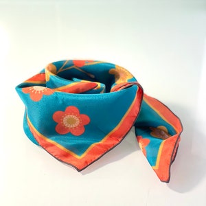 Blue Silk Scarf, Japanese Floral Bandana, Teal Red Neckerchief image 8