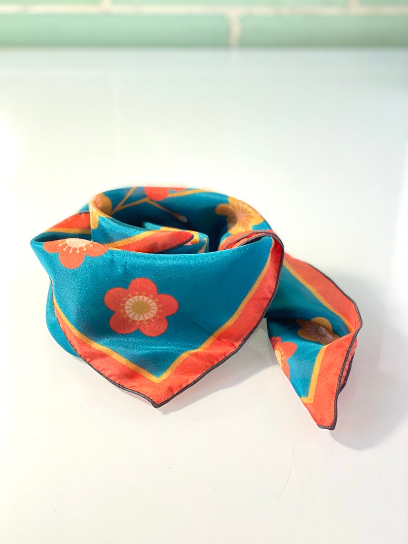 Blue Silk Scarf, Japanese Floral Bandana, Teal Red Neckerchief image 8