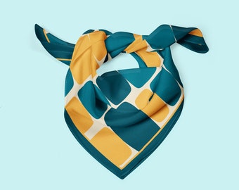 Mid Century Silk Scarf, Blue Gold Abstract Neckerchief