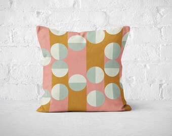 Geometric Throw Pillow Cover, Retro Art Deco, Pink Brown Grey