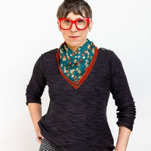 Blue Silk Scarf, Japanese Floral Bandana, Teal Red Neckerchief 26" x 26"