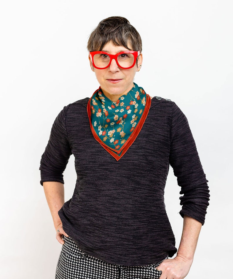 Blue Silk Scarf, Japanese Floral Bandana, Teal Red Neckerchief 26" x 26"