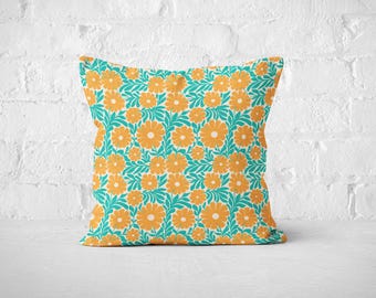 Scandi floral throw pillow cover in turquoise and orange