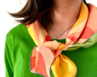 Retro silk scarf, geometric silk neckerchief, colorful silk bandana, gift for her