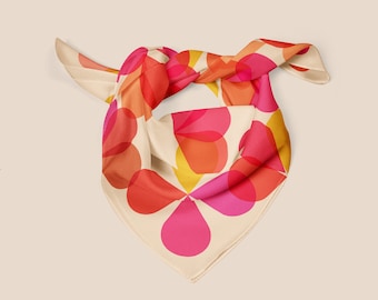 Floral Silk Scarf, Pink Orange Flower Neckerchief, Ponytail Scarf