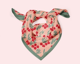 Floral neckerchief, 100% silk scarf, scandi style nordic pattern in peach, red and green, retro style square neck scarf