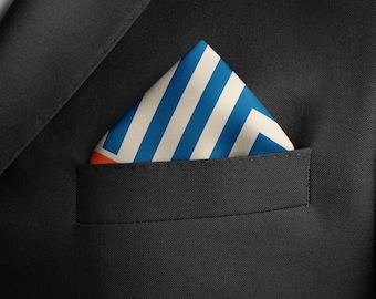 Geometric Blue Striped Silk Pocket Square, Orange Accent