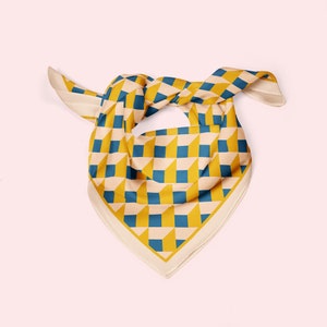 Yellow silk neckerchief with geometric pattern, a square ponytail scarf or silk bandana with modern geometric pattern. Comes in 3 sizes